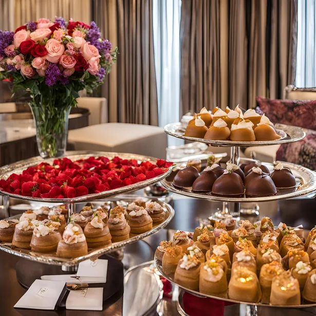 Luxury dessert buffet styling with pastry towers and flowers
