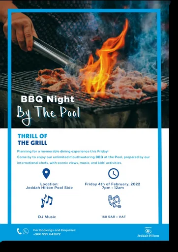 BBQ Night poolside event flyer designed for Jeddah Hilton